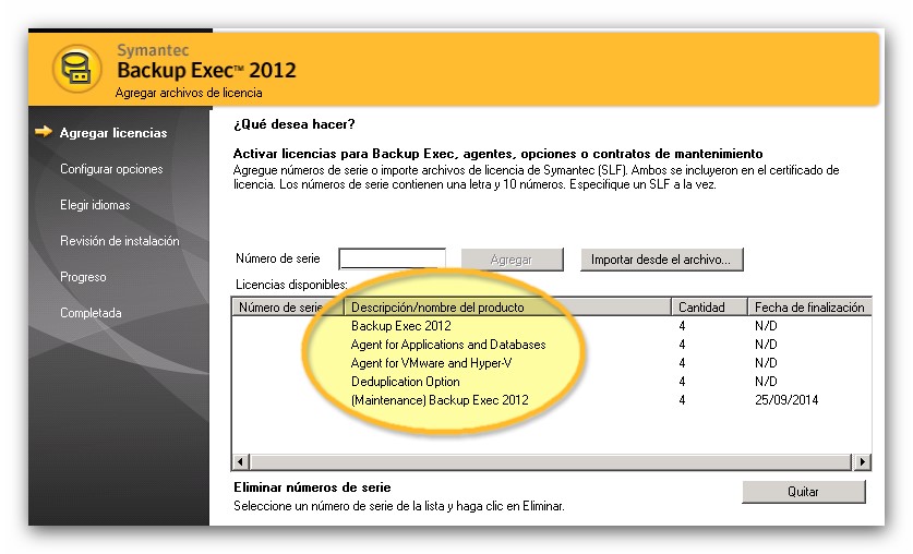 Instalación de licencias en Symantec Backup Exec 2012